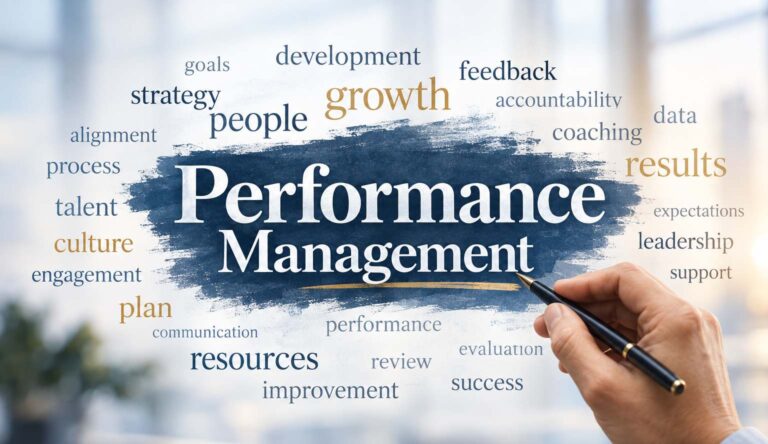 Performance development system connecting business strategy with talent acquisition, leadership development, succession planning, workforce planning, rewards, and employee engagement.