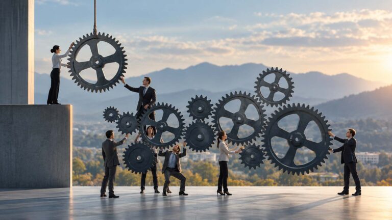 Business professionals aligning interconnected gears, representing how an integrated talent management strategy supports organizational performance and business growth.